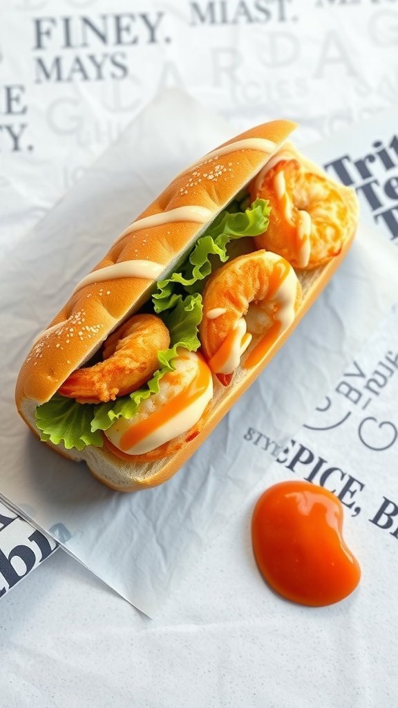 Shrimp Po' Boy sandwich with shrimp, lettuce, and sauce on a soft roll.