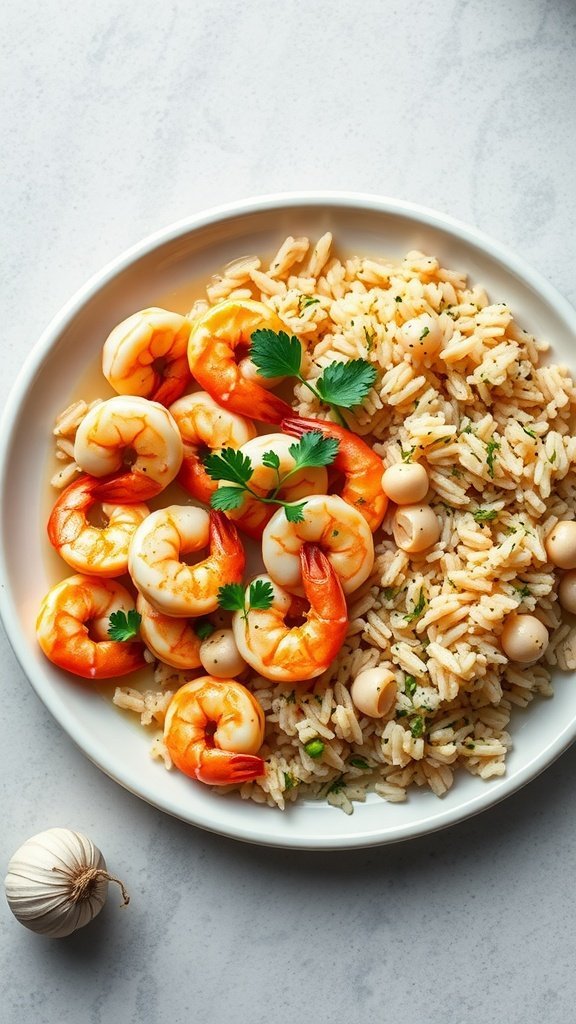A plate of shrimp scampi with herb rice, garnished with parsley, and a garlic bulb on the side.