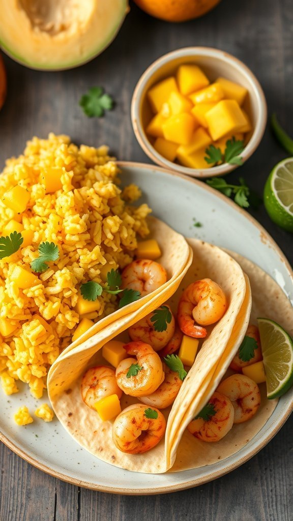 A plate of shrimp tacos with mango rice, featuring juicy shrimp, mango chunks, and cilantro.