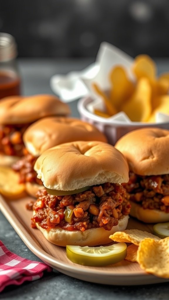 A platter of Sloppy Joe sliders with chips and pickles