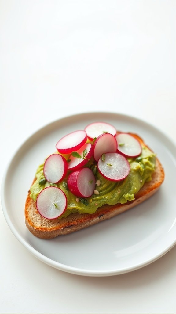 Smashed avocado toast topped with sliced radishes on a plate