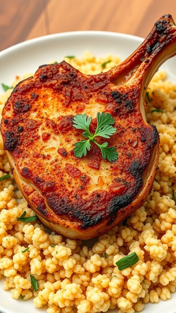 A beautifully cooked pork chop seasoned with smoked paprika, resting on a bed of fluffy couscous garnished with herbs.