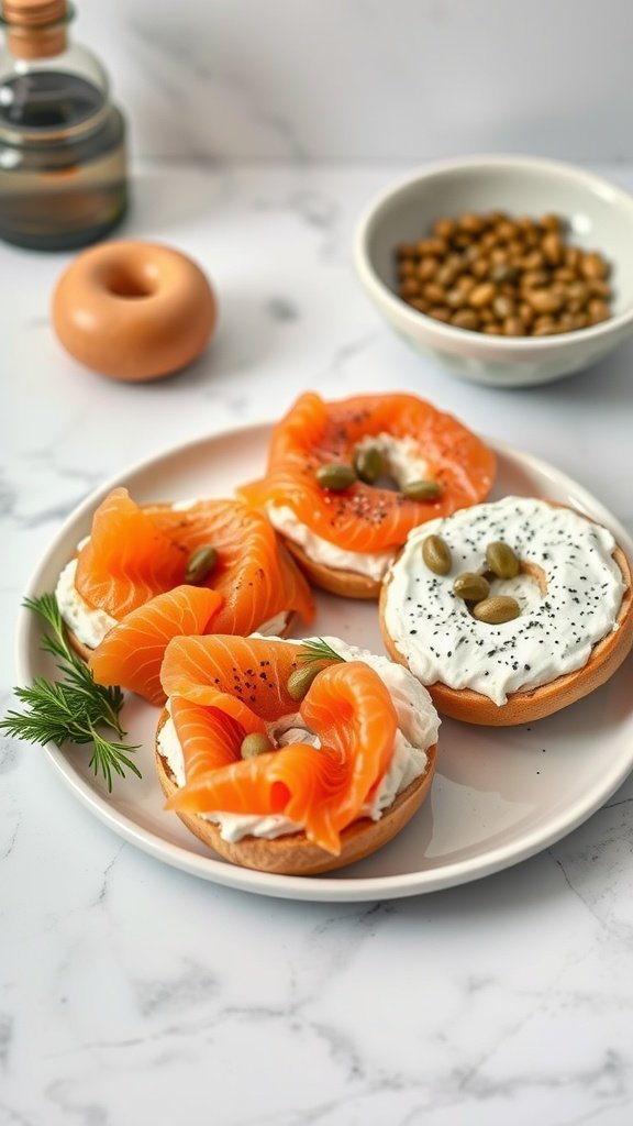 A plate of bagels topped with smoked salmon and cream cheese, garnished with capers and fresh dill.