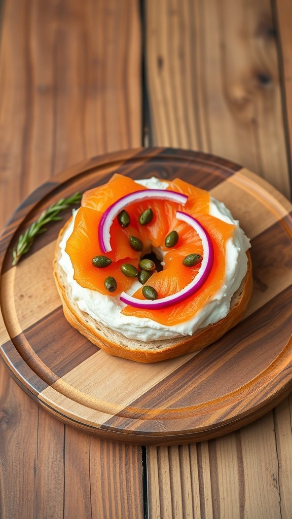 A smoked salmon bagel topped with cream cheese, smoked salmon, red onion, and pumpkin seeds on a wooden plate.