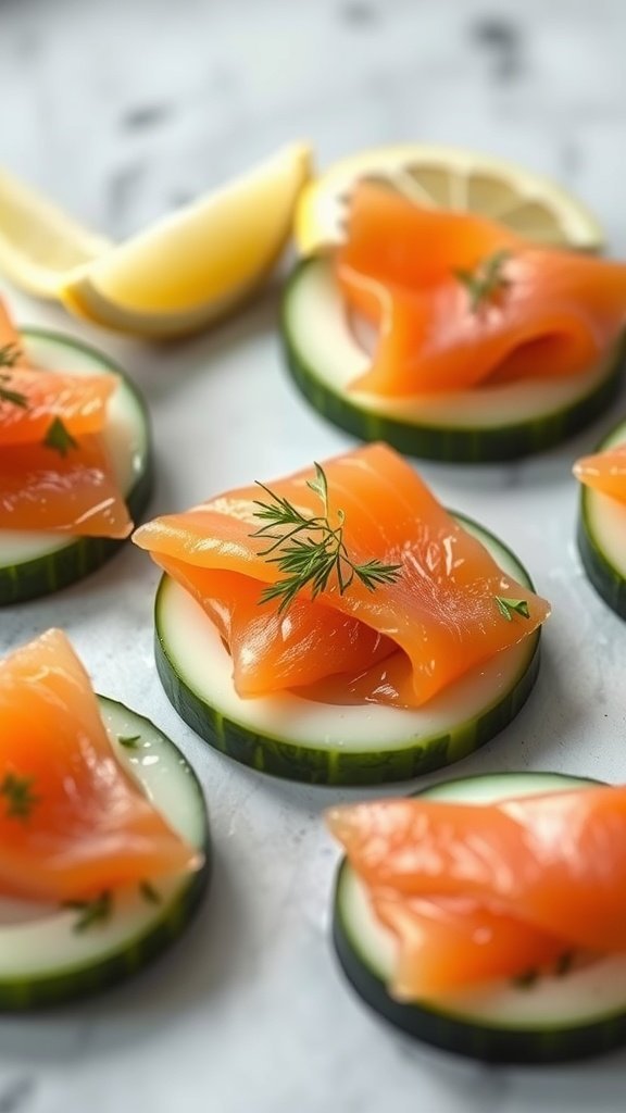 Cucumber rounds topped with smoked salmon and dill, garnished with lemon wedges