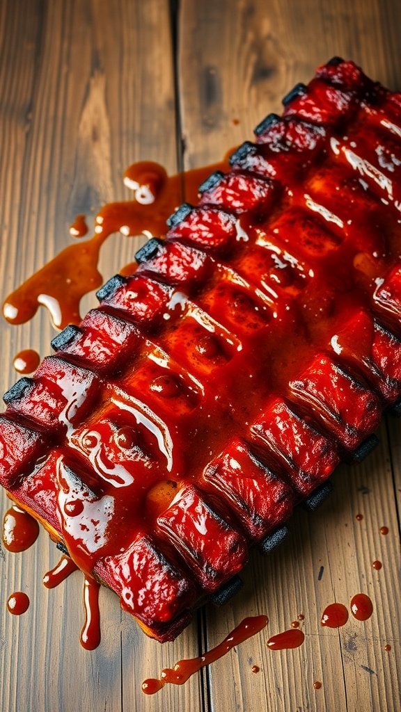 Mouthwatering smoky BBQ ribs coated with rich homemade sauce on a wooden table.