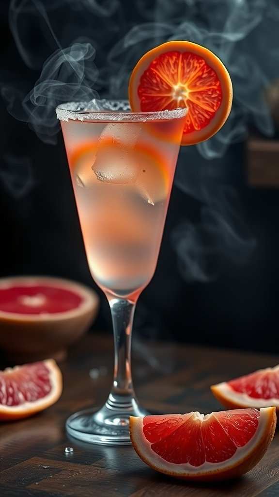 A Smoky Paloma cocktail in a tall glass, garnished with a slice of grapefruit and surrounded by grapefruit segments.