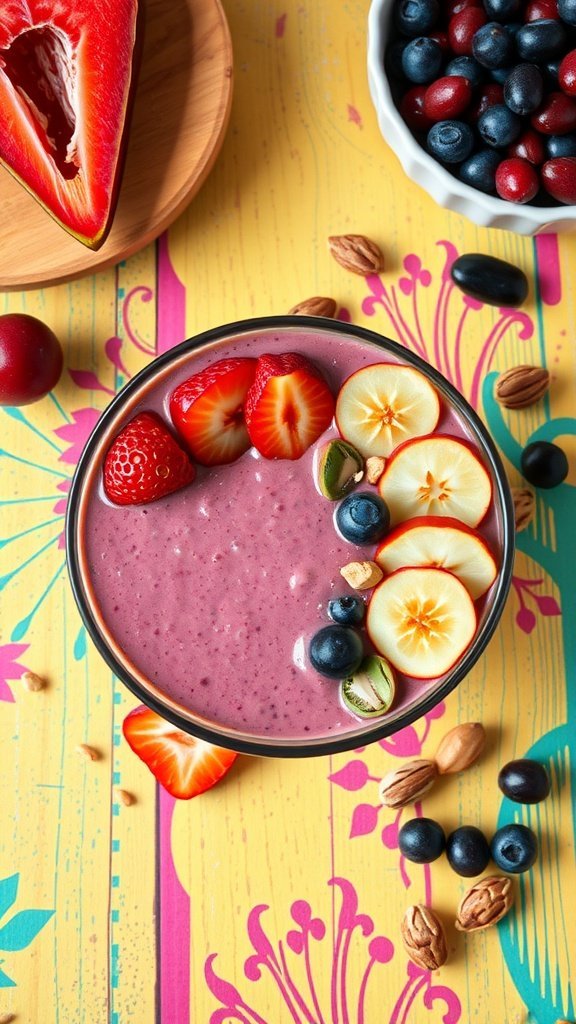 A colorful smoothie bowl topped with strawberries, blueberries, and nuts on a vibrant background.
