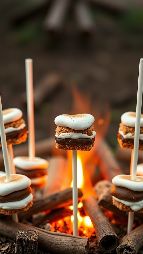 S'mores cake pops with graham cracker crust on sticks, set near a campfire.