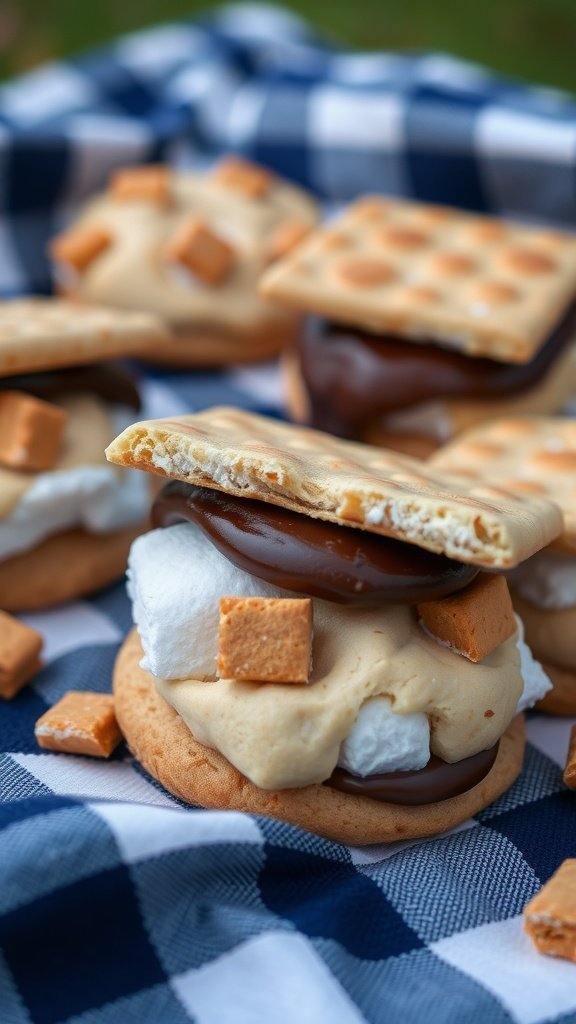 A close-up view of s'mores cookies with marshmallow filling, chocolate, and graham crackers on a blue and white checkered cloth.