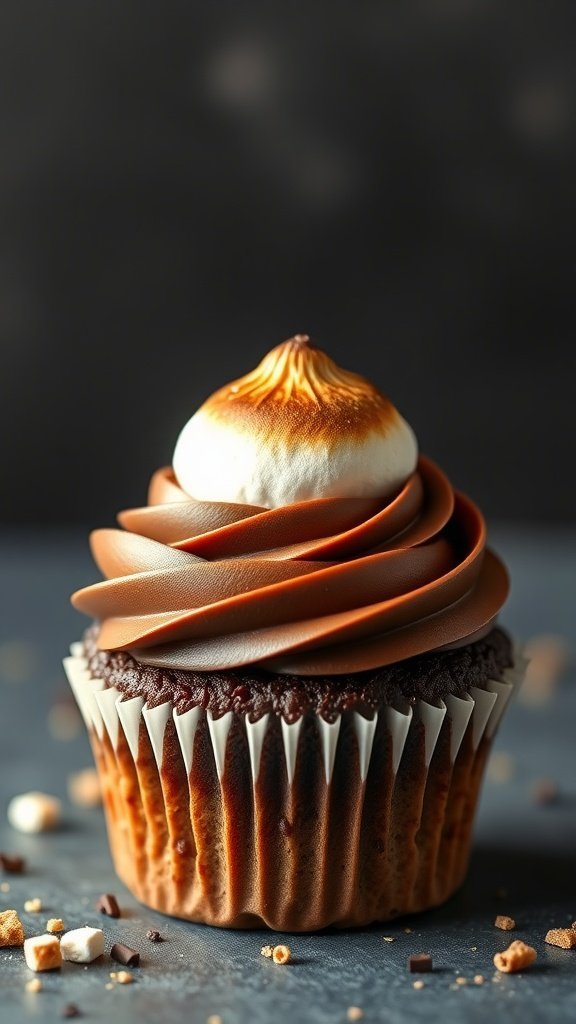A delicious S'mores cupcake topped with chocolate frosting and a toasted marshmallow, set against a dark background.