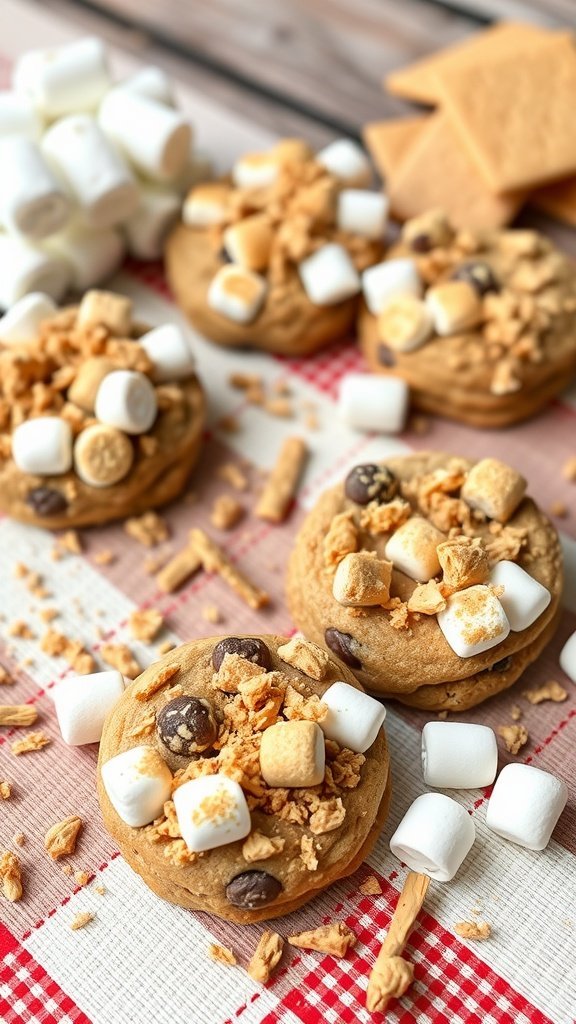 Delicious s'mores inspired no bake cookies topped with marshmallows and graham crackers.