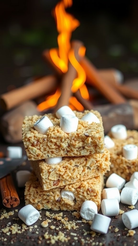 A stack of S'mores Rice Krispie Treats with marshmallows, in front of a campfire.