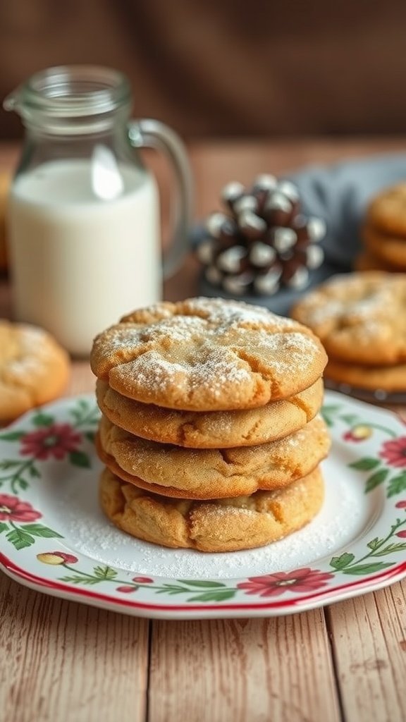 A stack of snickerdoodle cookies dusted with powdered sugar on a festive plate, with a glass of milk in the background.