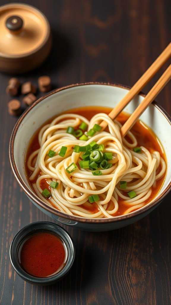 A bowl of soba noodles topped with green onions and a small bowl of dipping sauce