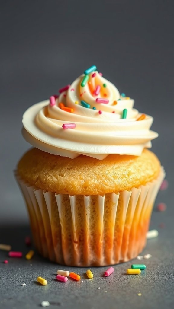 A moist sour cream cupcake topped with creamy frosting and colorful sprinkles.