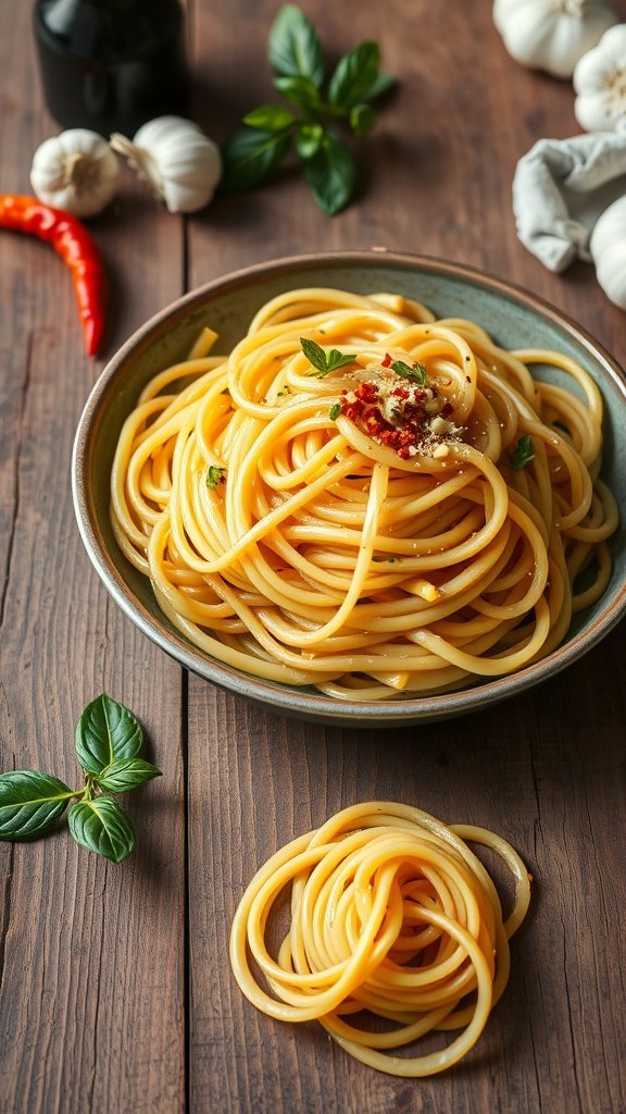A plate of spaghetti aglio e olio garnished with parsley and red chili on a wooden table.