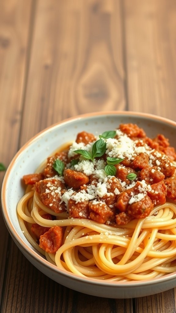 A bowl of spaghetti Bolognese topped with fresh herbs and grated cheese.