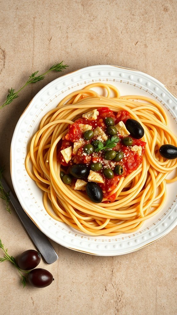 A plate of spaghetti puttanesca topped with olives and herbs.