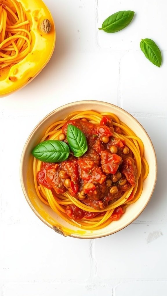 Bowl of spaghetti squash topped with marinara sauce and basil leaves