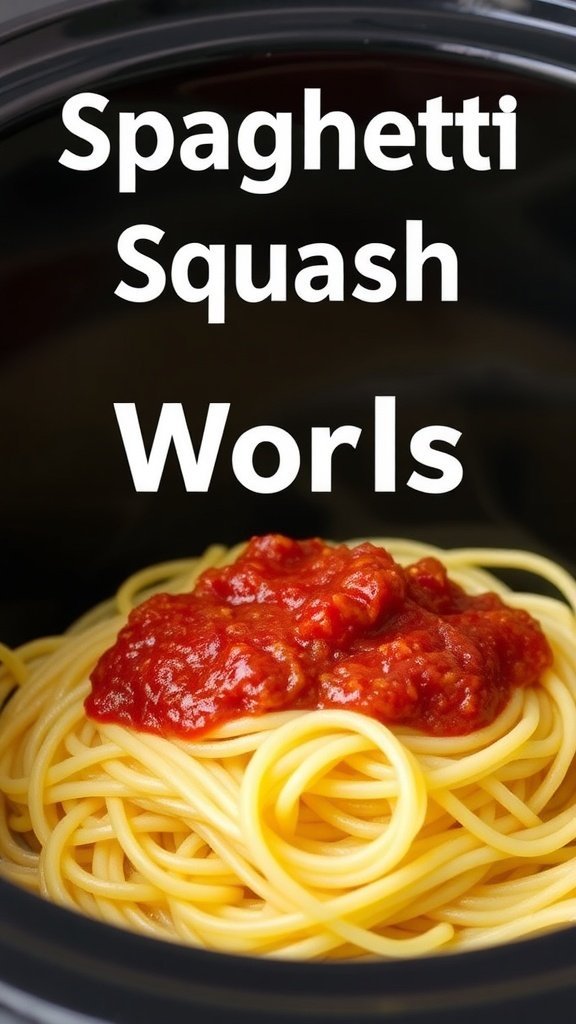 A serving of spaghetti squash topped with marinara sauce in a crock pot.