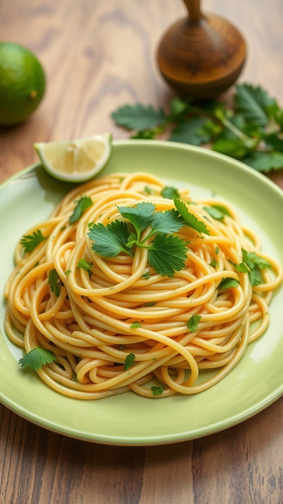A plate of spaghetti with avocado and lime garnished with cilantro, placed on a wooden table with lime slices in the background.