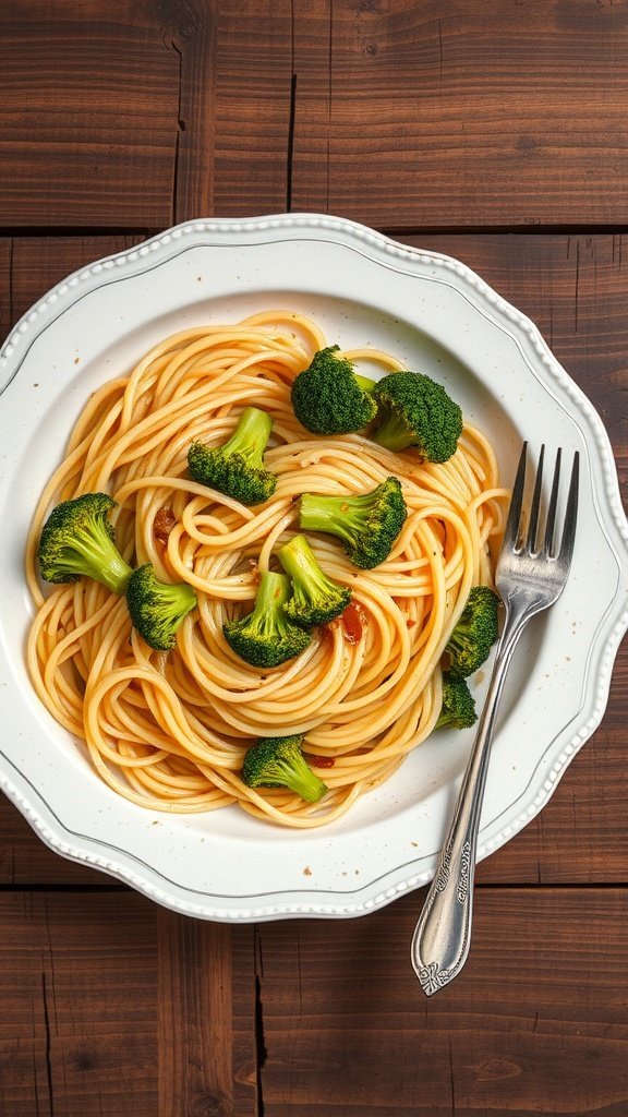Plate of spaghetti with broccoli and garlic on a wooden table