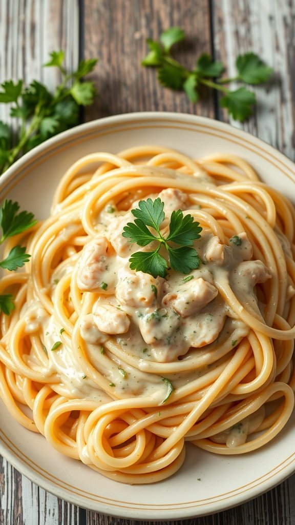 A plate of spaghetti topped with creamy Chicken Alfredo sauce and garnished with fresh parsley.