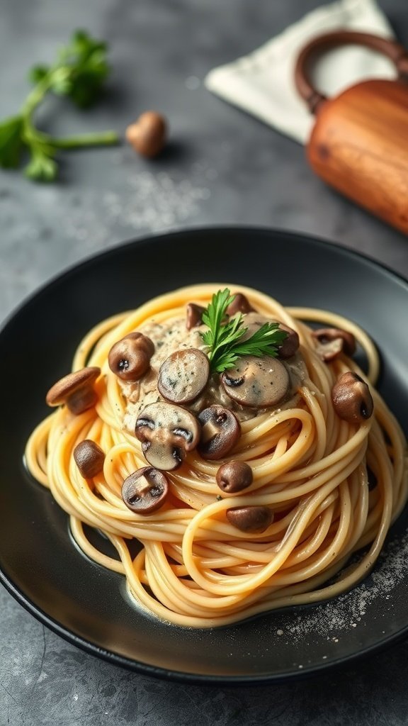 A plate of spaghetti with creamy mushroom sauce, garnished with parsley and surrounded by mushrooms.