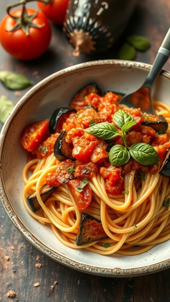 A bowl of spaghetti with eggplant and tomato sauce, garnished with fresh basil leaves.