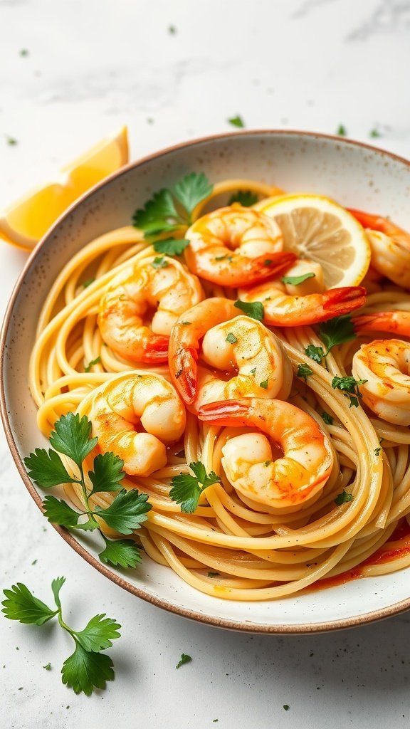 A bowl of spaghetti with garlic butter shrimp, garnished with parsley and lemon slices.