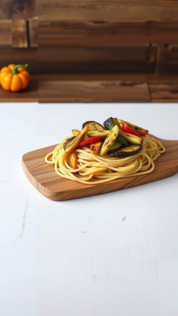 A plate of spaghetti topped with grilled vegetables on a wooden board.