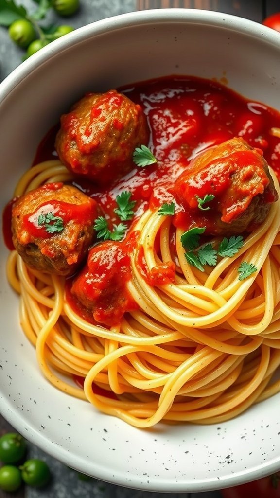 A bowl of spaghetti topped with meatballs and marinara sauce, garnished with parsley.