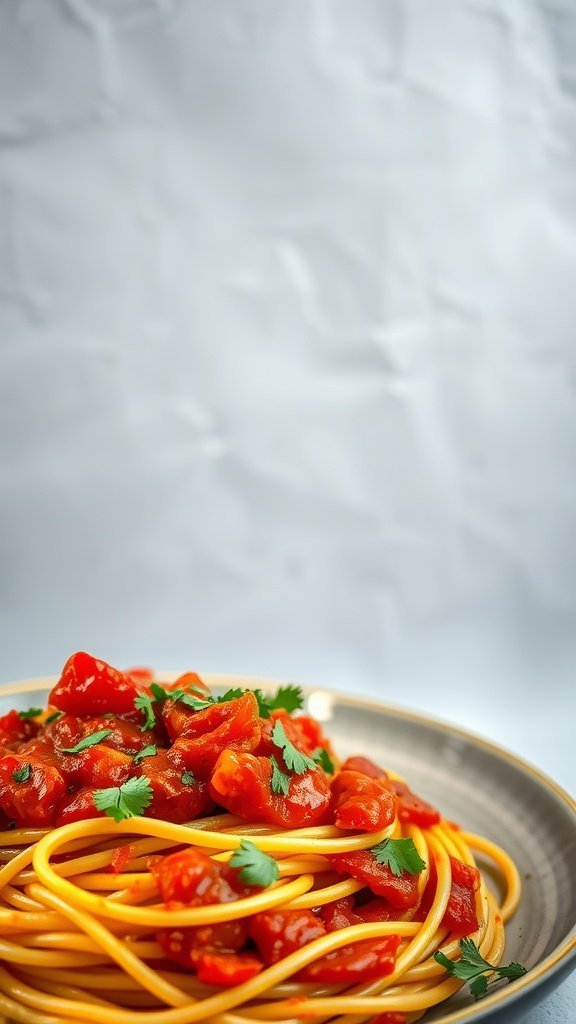 A plate of spaghetti topped with a vibrant roasted red pepper sauce and fresh herbs.