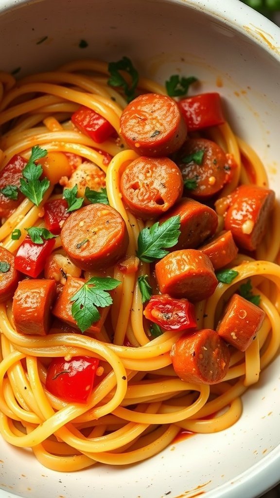 A bowl of spaghetti with sliced sausage and red peppers, garnished with parsley.