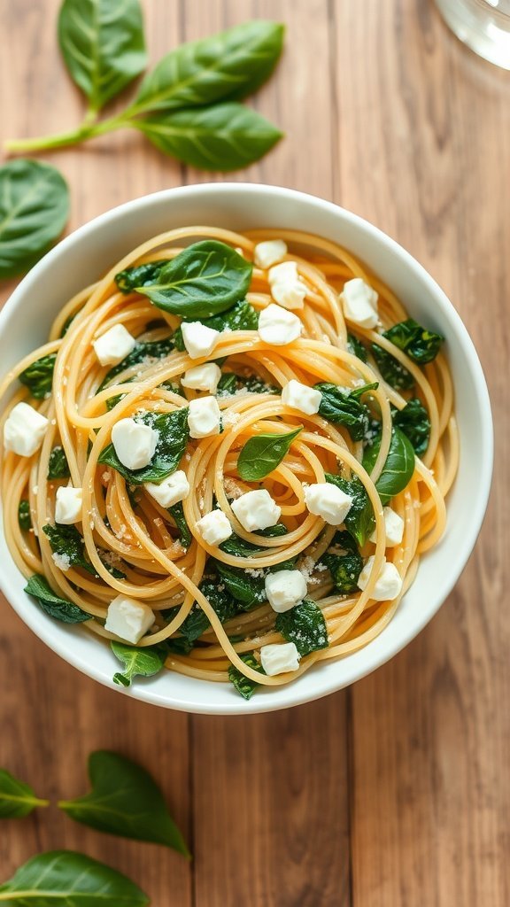 A bowl of spaghetti with spinach, ricotta, and basil on a wooden table.