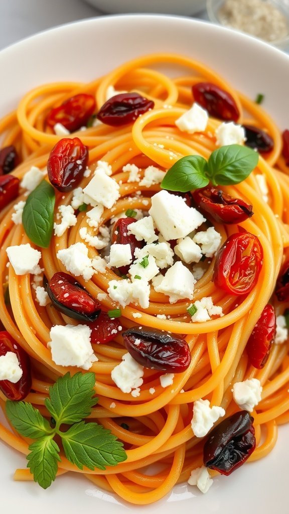 A plate of spaghetti topped with sun-dried tomatoes, feta cheese, and fresh basil.