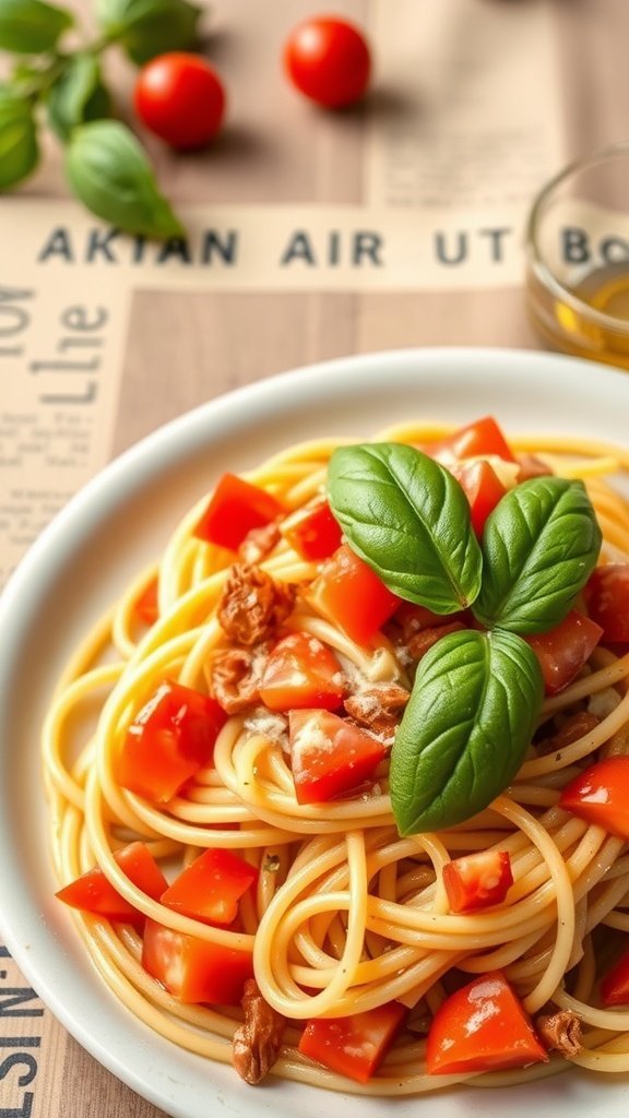 A plate of spaghetti with diced tomatoes and fresh basil on top, served with cherry tomatoes and olive oil on the side.