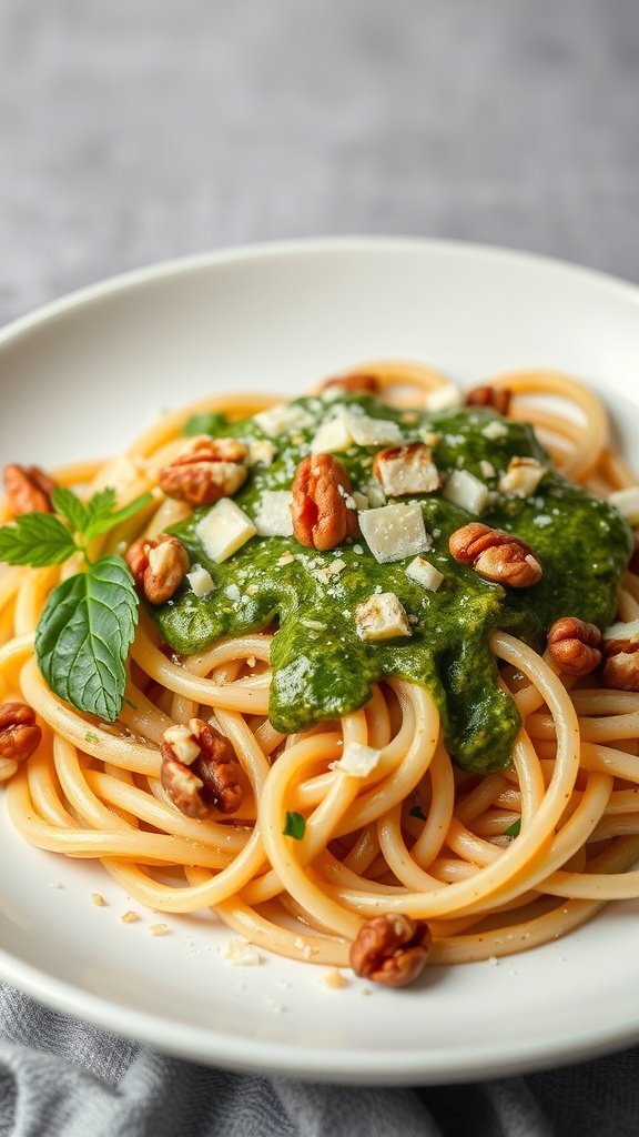 A plate of spaghetti topped with walnut pesto, garnished with walnuts and a sprig of basil.