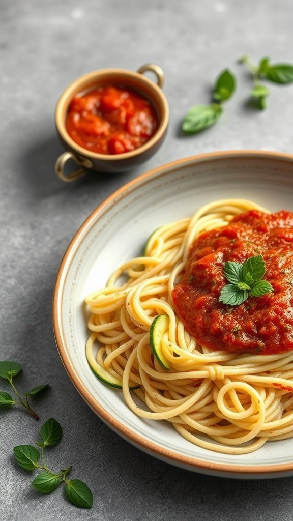A plate of spaghetti with zucchini noodles topped with tomato sauce and garnished with herbs.