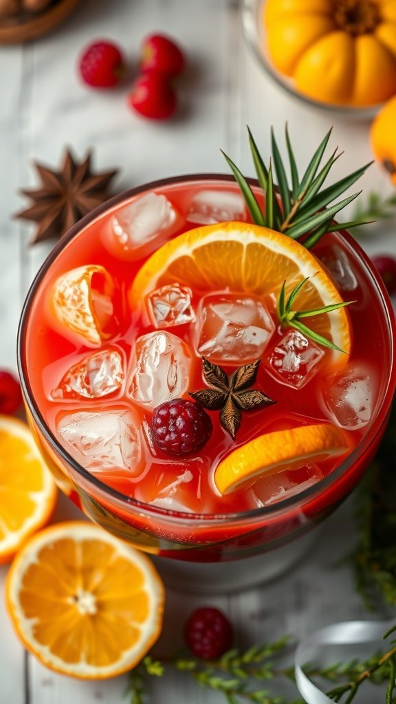 A vibrant Spiced Rum Punch garnished with orange slices, raspberries, and star anise, served over ice.