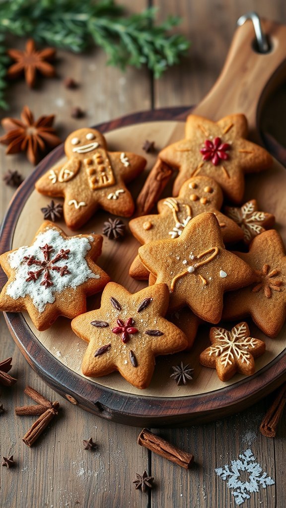 An assortment of beautifully decorated gingerbread cookies in festive shapes.