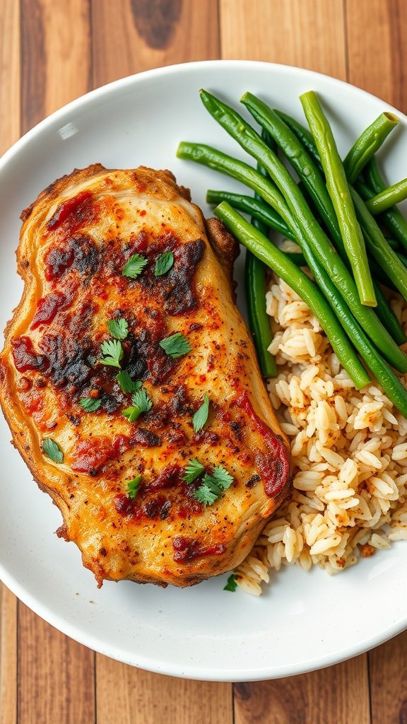 Spicy Cajun pork chop served with rice and green beans on a white plate.