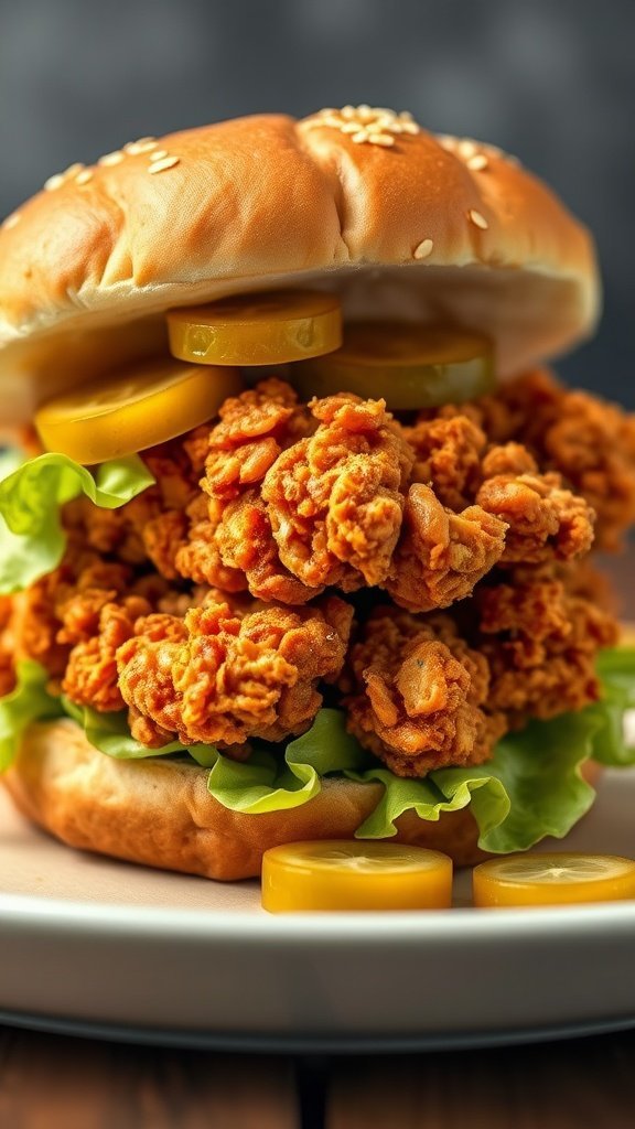 A spicy chicken sandwich with crispy fried chicken, lettuce, and pickles in a sesame seed bun.