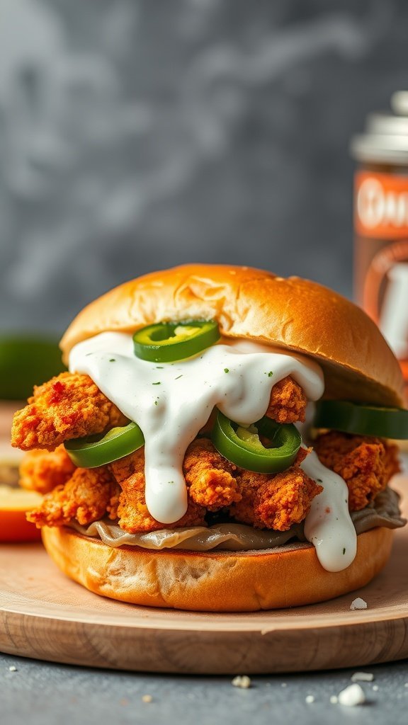 A spicy chicken sandwich with jalapeños, creamy sauce, and a golden bun on a wooden board.
