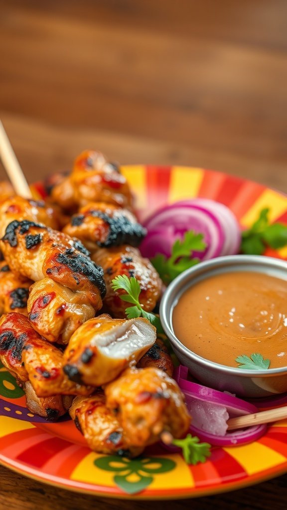 A plate of spicy chicken satay skewers served with peanut sauce and garnished with red onions and cilantro.