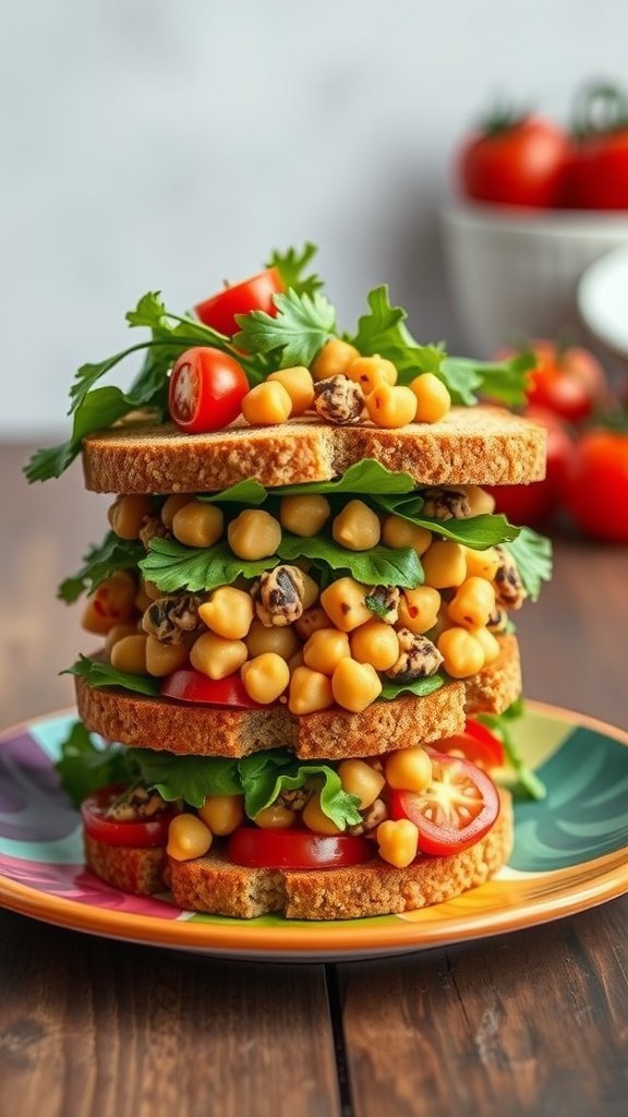 A colorful spicy chickpea salad sandwich stacked high with greens and tomatoes on a vibrant plate.