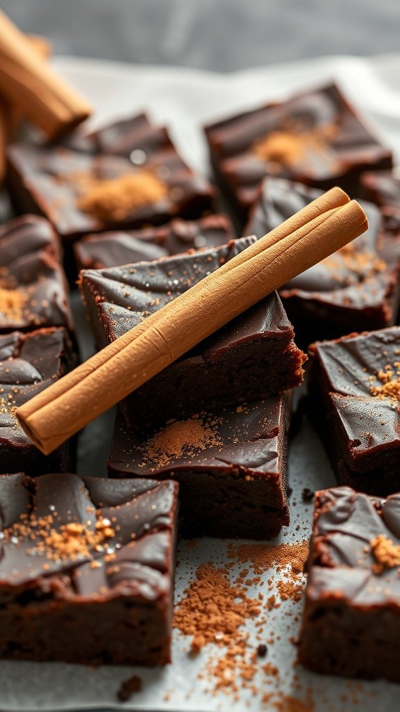 A plate of spicy cinnamon brownies topped with a cinnamon stick and sprinkled with cinnamon powder.