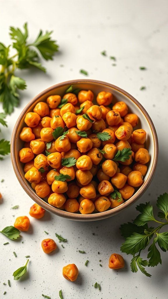 A bowl of spicy grilled chickpeas with parsley on a light background.