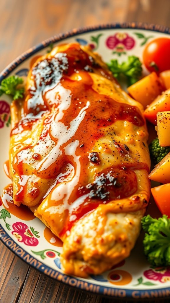 A plate of Spicy Honey Mustard Chicken with broccoli and carrots, garnished with honey mustard sauce.